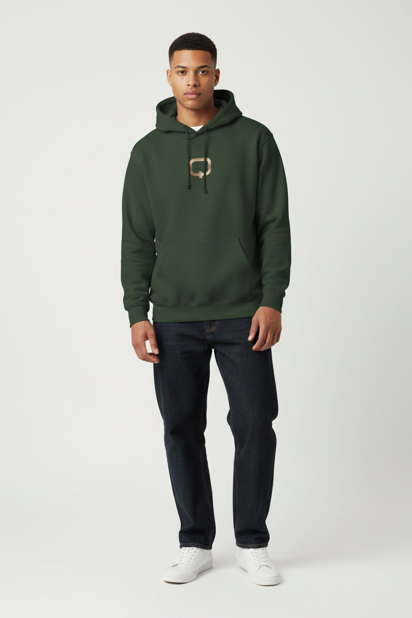 Gold Q Logo Hoodie — Minimalist Black Pullover