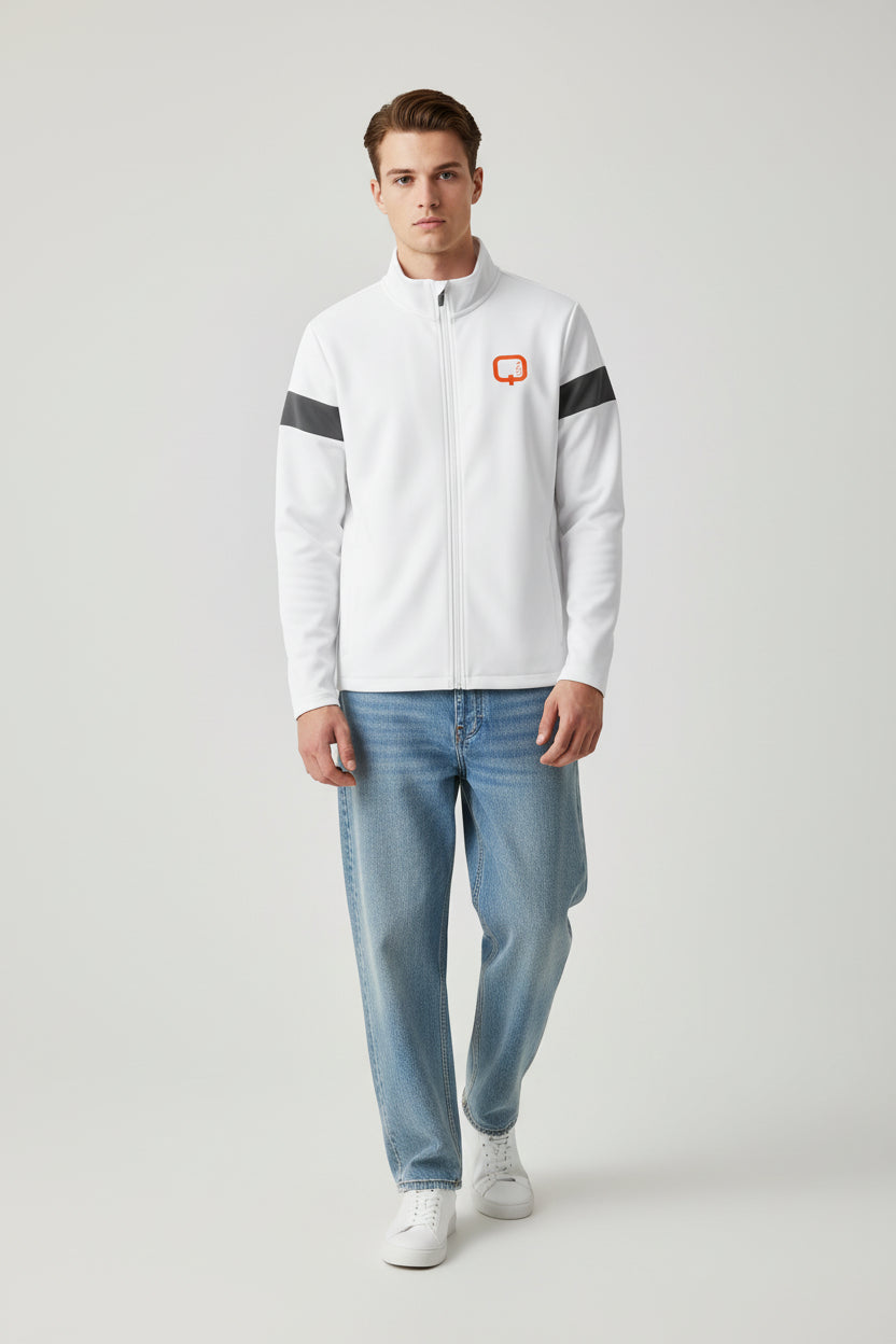 Travel Full-Zip Jacket — Lightweight Navy Travel Jacket with Orange Q Logo