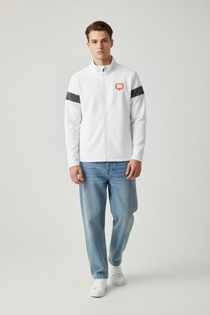 Travel Full-Zip Jacket — Lightweight Navy Travel Jacket with Orange Q Logo