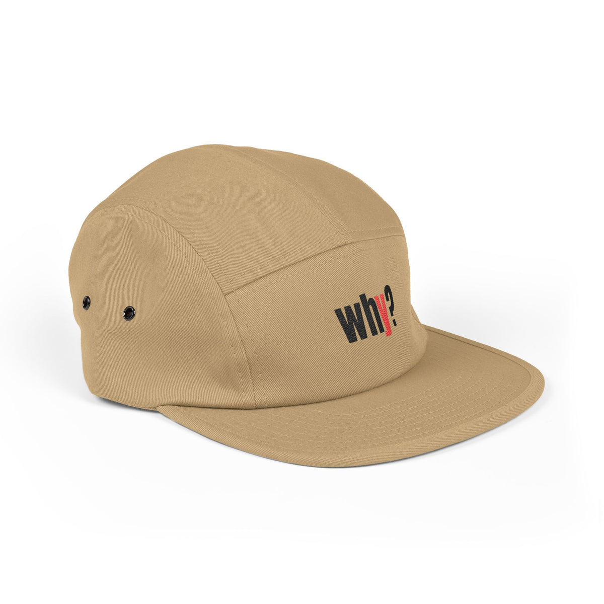 Embroidered 'why?' 5-Panel Cap – Minimalist Tan Streetwear Hat