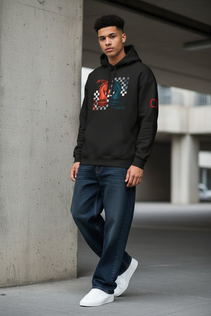 Chess Knights Hoodie Red vs Teal Checkered Graphic Pullover