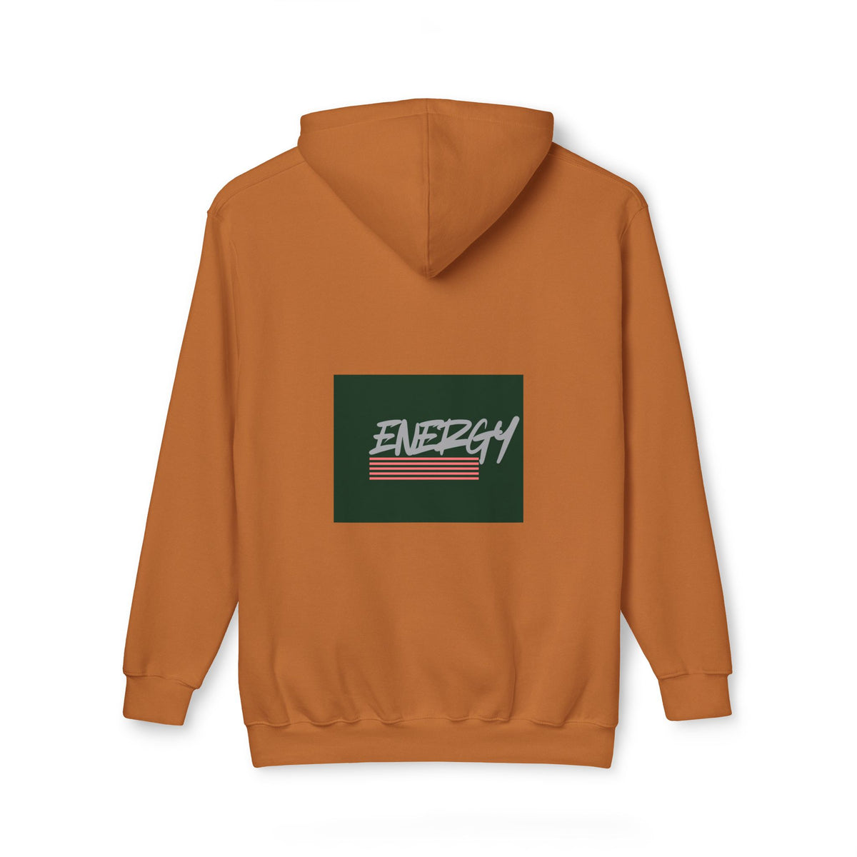 A rust-orange pullover hoodie shown from the back, featuring a dark green rectangular graphic on the center back with the word 'ENERGY' in white script and red horizontal stripes.