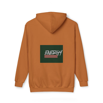 A rust-orange pullover hoodie shown from the back, featuring a dark green rectangular graphic on the center back with the word 'ENERGY' in white script and red horizontal stripes.