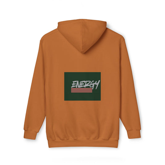 A rust-orange pullover hoodie shown from the back, featuring a dark green rectangular graphic on the center back with the word 'ENERGY' in white script and red horizontal stripes.