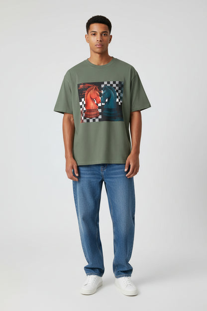 Chess Knight Duel Graphic Tee  Red vs Blue Knights Oversized Men’s Shirt