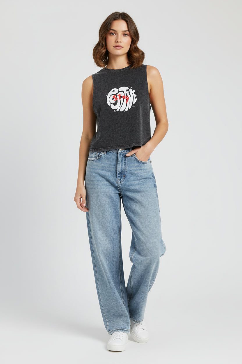 Stonewash Graphic Tank Top — Retro 'GAME' Swirl Design