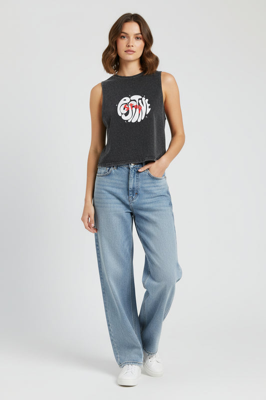 Stonewash Graphic Tank Top — Retro 'GAME' Swirl Design