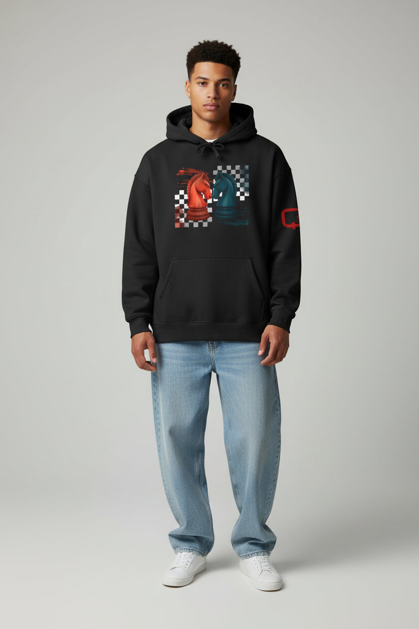 Chess Knights Hoodie Red vs Teal Checkered Graphic Pullover
