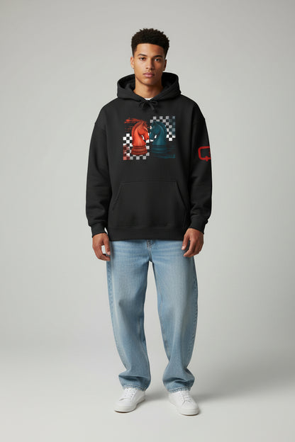 Chess Knights Hoodie Red vs Teal Checkered Graphic Pullover