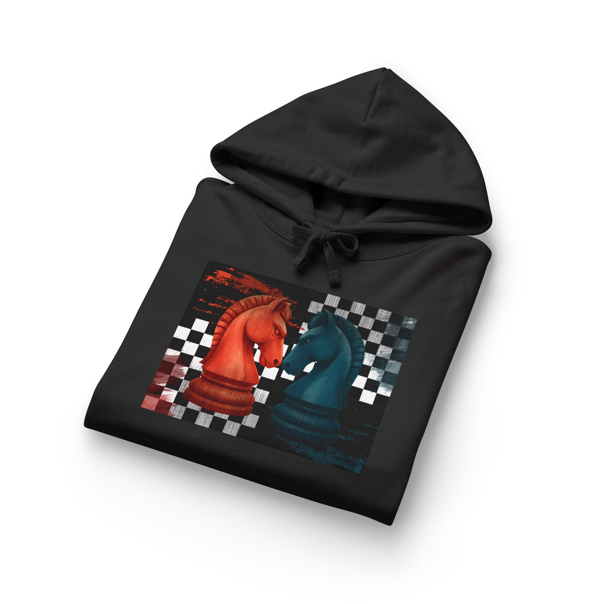 Chess Knights Hoodie Red vs Teal Checkered Graphic Pullover