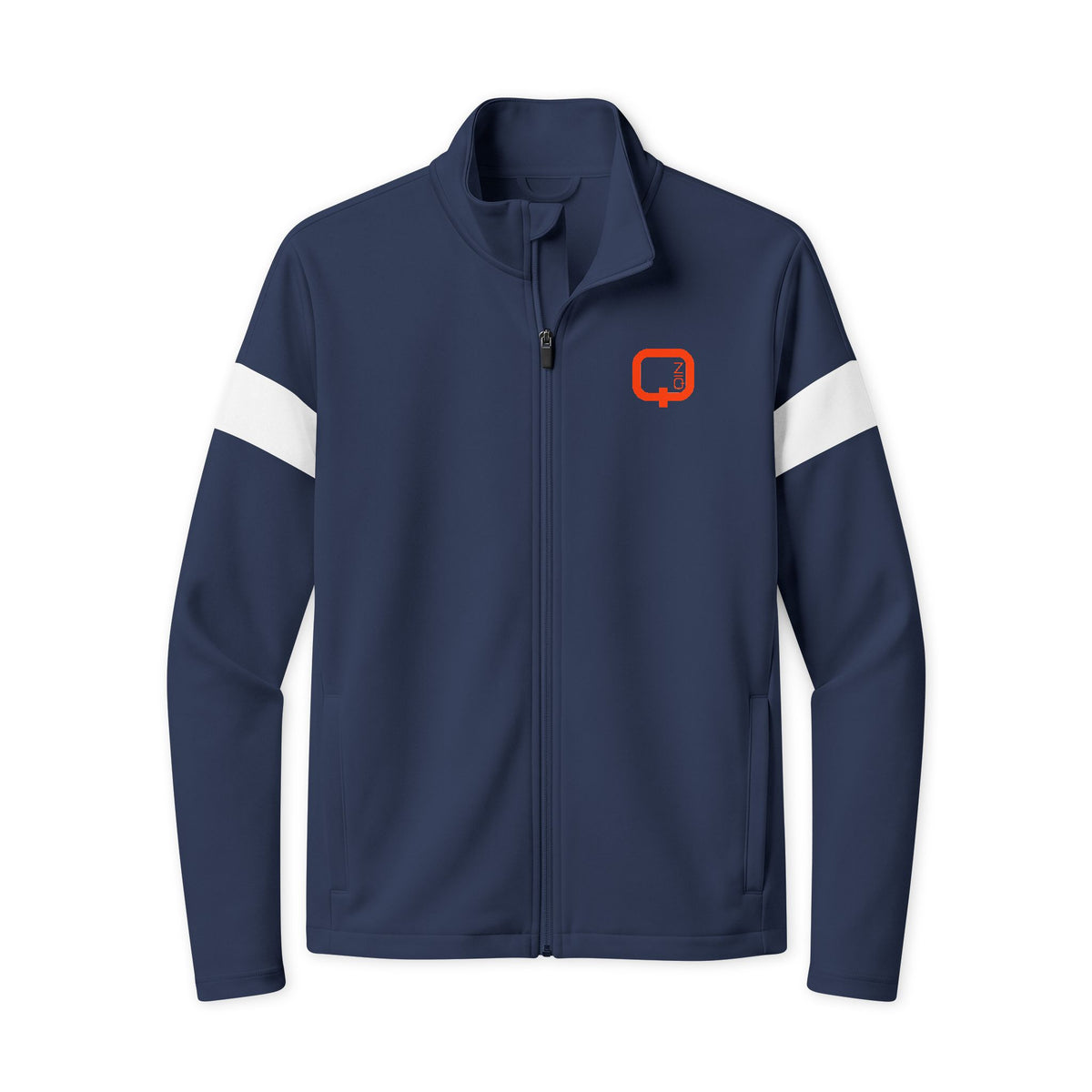 Travel Full-Zip Jacket — Lightweight Navy Travel Jacket with Orange Q Logo